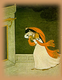 woman seeking shelter, Indian miniature